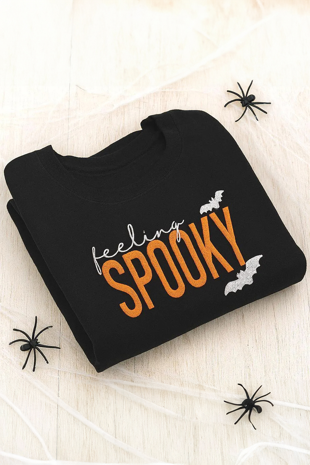 Casual Long Sleeve Black Sweatshirt with Halloween Slogan Embroidery - Detail View 2