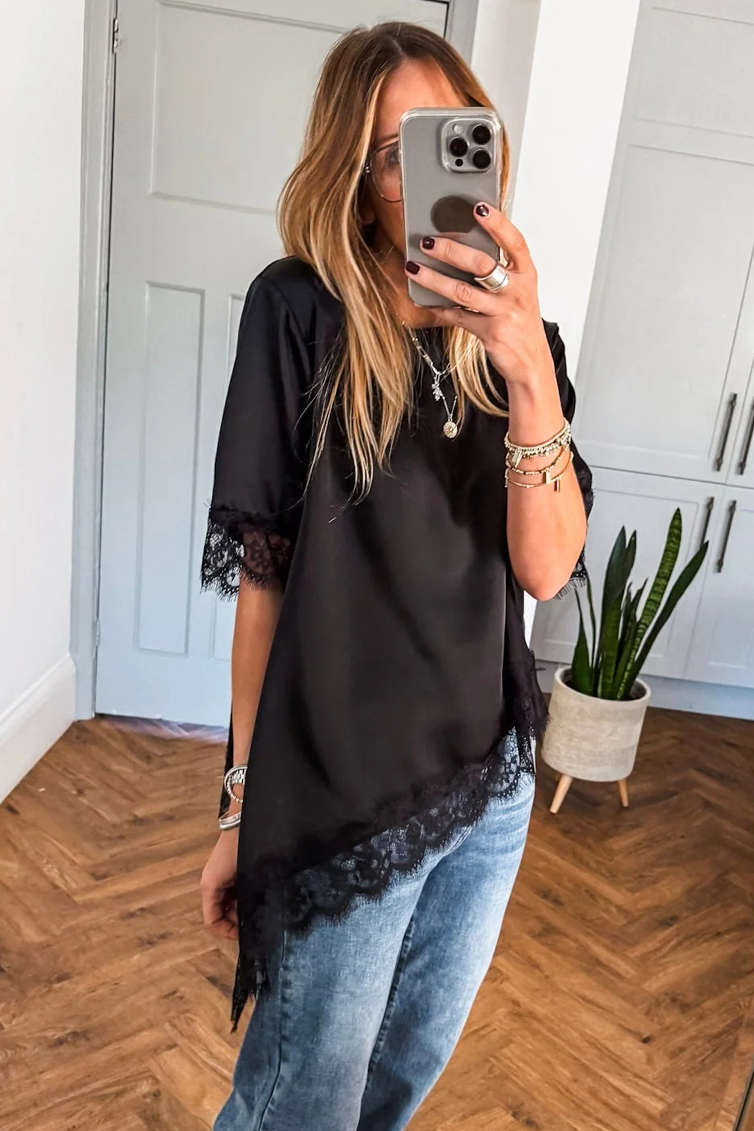 Chic Black Satin Top for Women with Asymmetric Lace Trim – Perfect for Daily Wear - Detail View 5