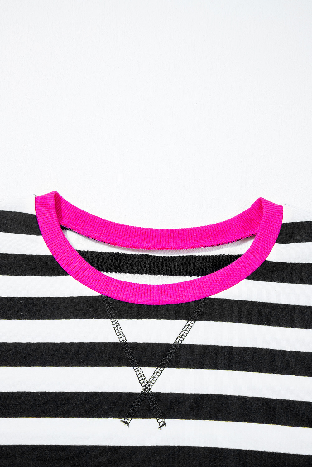 Women's Black Stripe Contrast Ribbed Banding Long Sleeve Blouse and Loose Shorts Set - Detail View 9