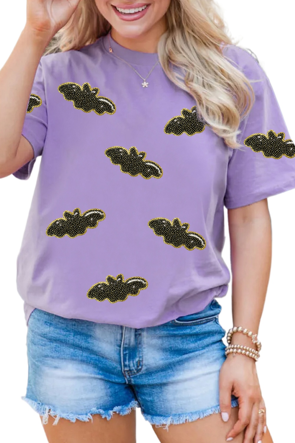 Stylish Wisteria Round Neck T-Shirt with Sequin Bat Patch - Perfect for Halloween - Detail View 2