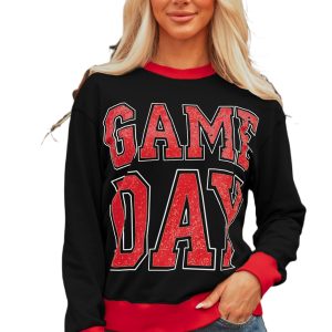 Women's Black Game Day Letter Varsity Sweatshirt for Casual Daily Wear
