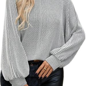 Women's Gray Ribbed Knit Long Lantern Sleeve Top – Casual Round Neck Daily Wear - Main View