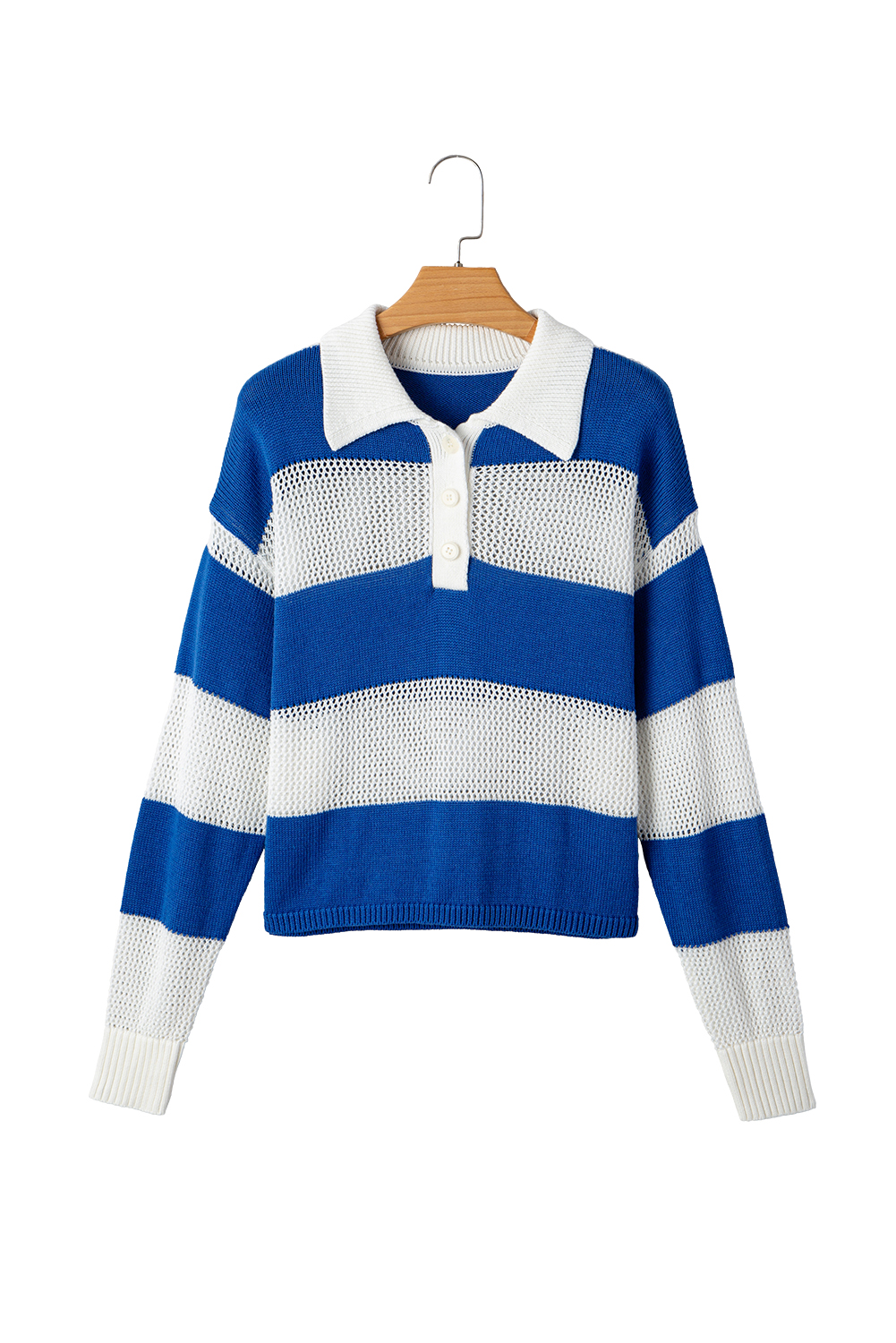 Women’s Sweater, Blue Stripe, Colorblock, Polo Collar, Eyelet Crochet, Knitted Sweater, Long Sleeve, Casual Style, Fall Fashion, Comfortable Knitwear, Semi-Transparent Design, Drop Shoulder, Daily Wear, Unique Details, Textured Fabric - Detail View 20