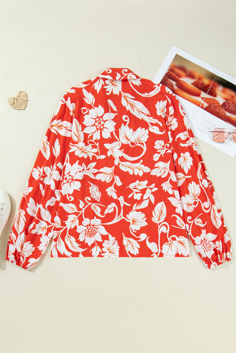 Women's Plus Size Red Floral Print Loose Button Up Shirt - Casual Long Sleeve Top - Detail View 5