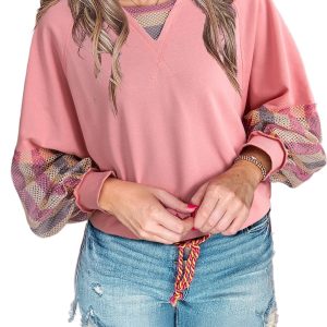 Women's Blossom Striped Mesh Sleeve Patchwork Casual Pullover Top - Main View