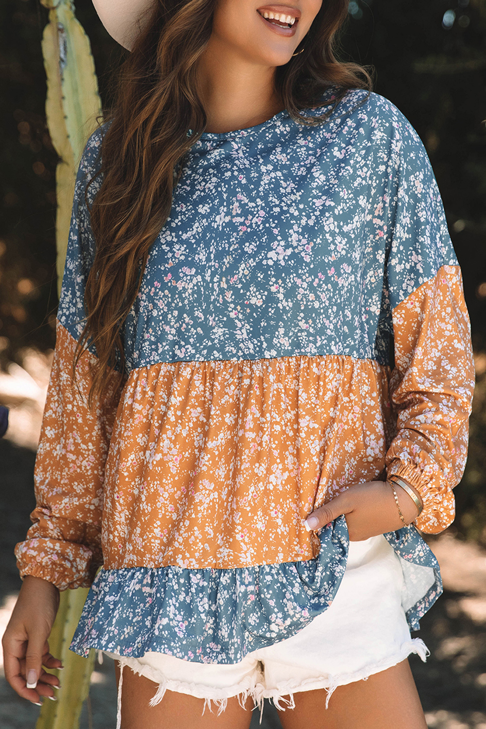 Chic Long Sleeve Floral Blouse with Ruffled Hem and Colorblock Pattern for Daily Wear - Detail View 6