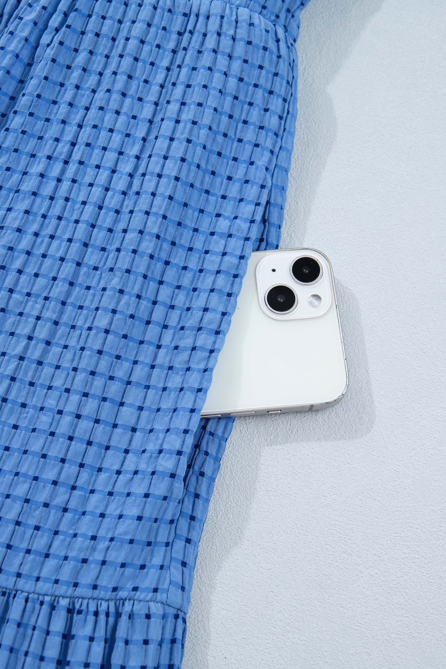 Dusk Blue Gingham Midi Dress for Women – Short Sleeve Tiered Casual Summer Style - Image 9