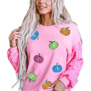 Elegant Pink Sequin Sleeve Pumpkin Pattern Pullover Top for Thanksgiving and Halloween - Main View
