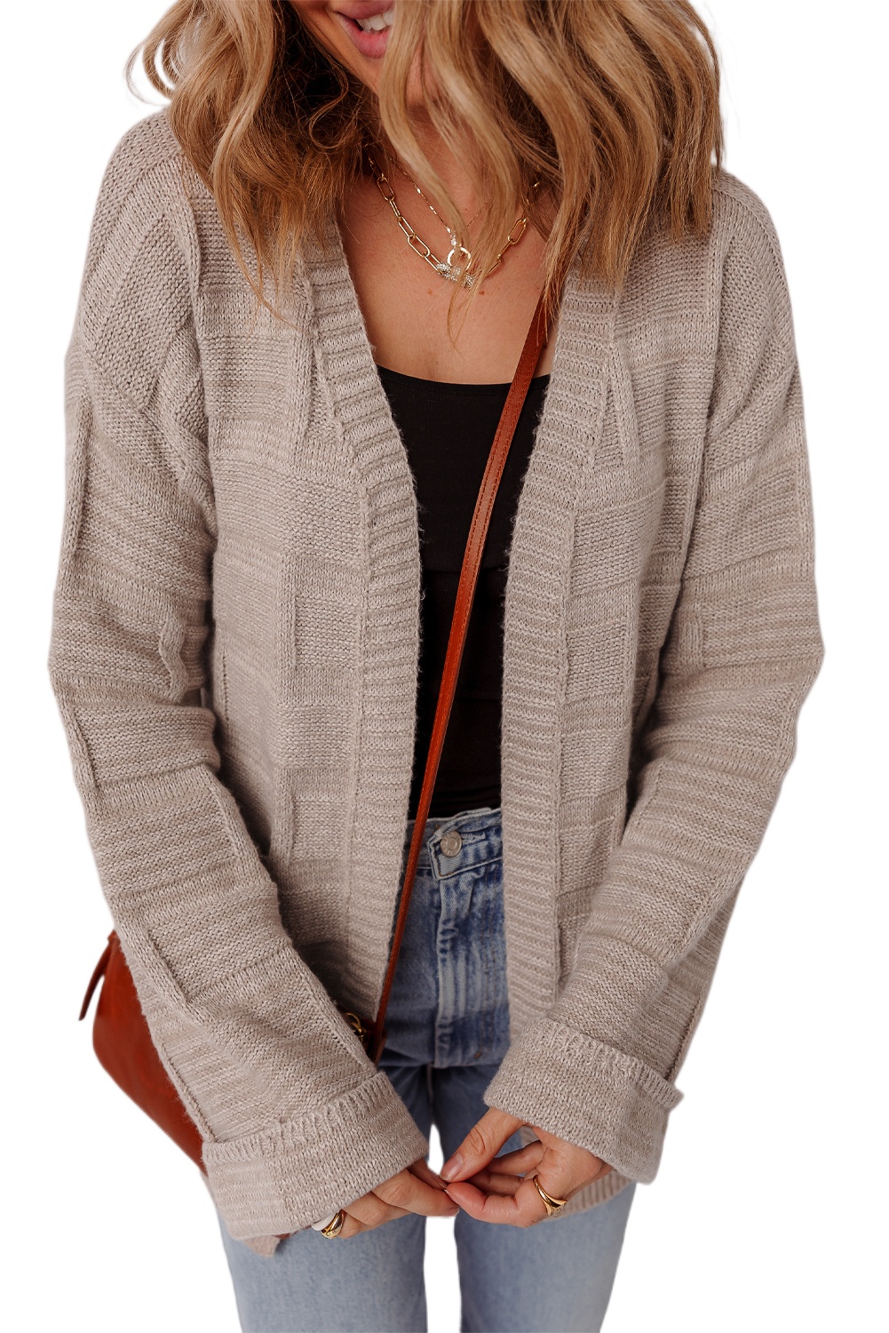 Chic Delicacy Textured Knit Open Front Cardigan with Pockets - Oversized Comfort - Main View