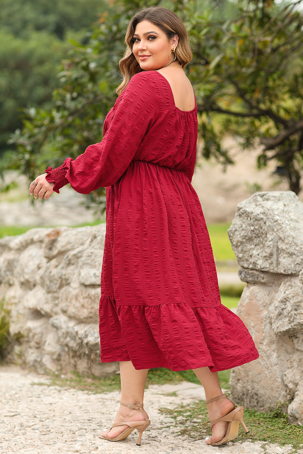 Chic Fit and Flare Plus Size Dress: Fiery Red, U Neck, Perfect for Daily Wear - Detail View 3
