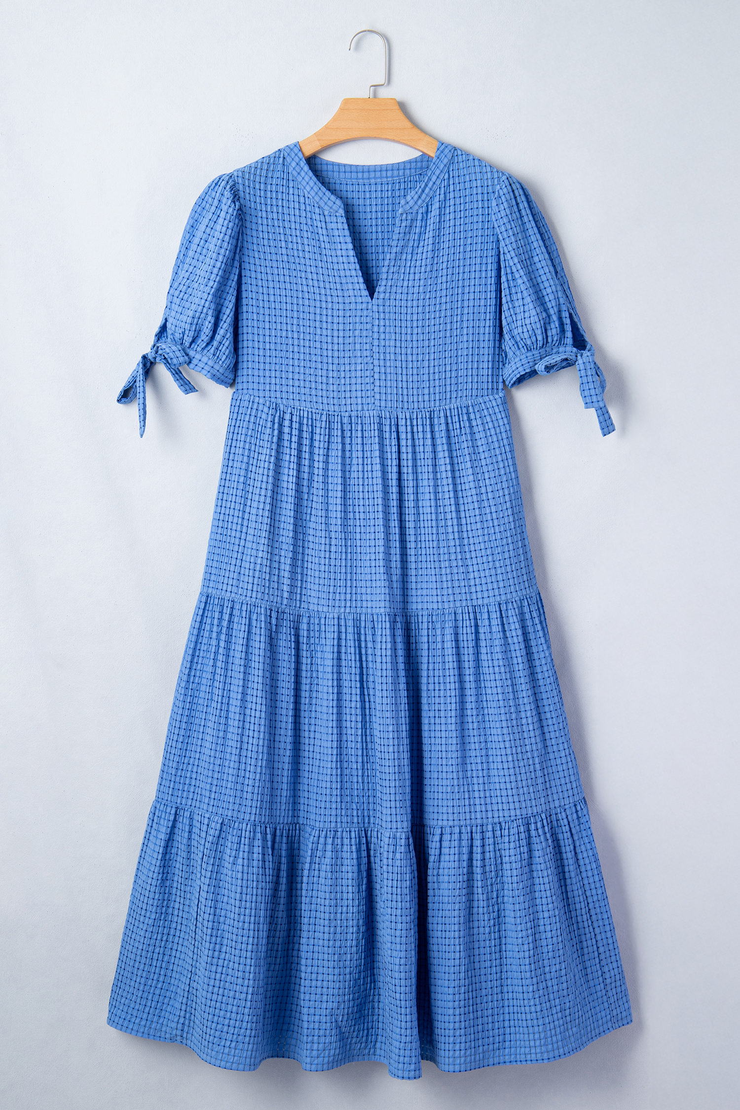 Dusk Blue Gingham Midi Dress for Women – Short Sleeve Tiered Casual Summer Style - Image 5