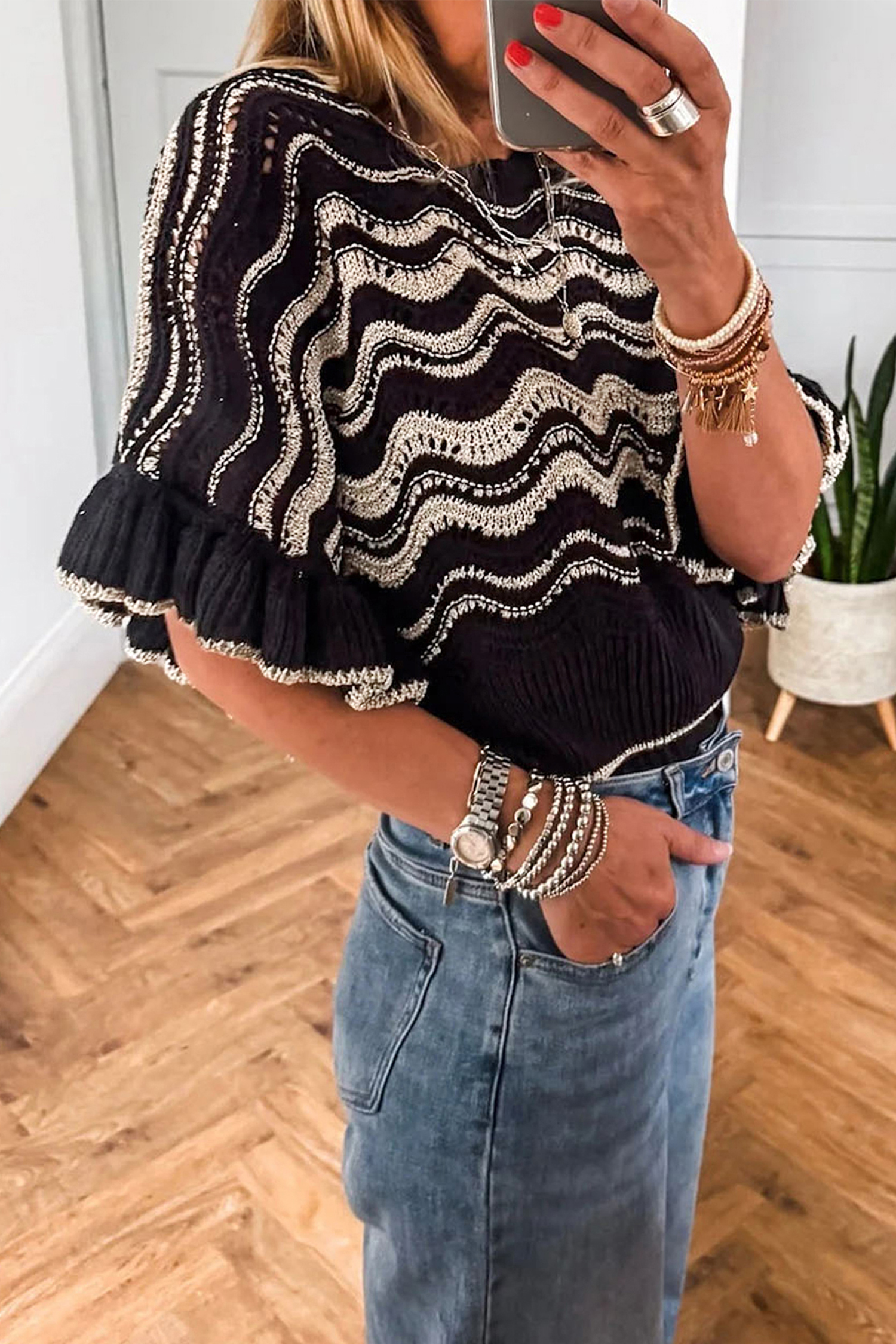 Chic Striped Crochet Knit Top for Women – Casual Round Neck Half Sleeve Sweater for Daily Wear - Detail View 2