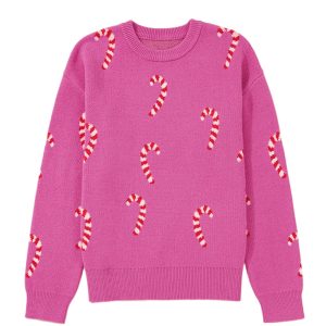 Sachet Pink Christmas Candy Cane Drop Shoulder Sweater for Women - Main View