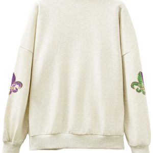 Women's Light Grey Sequin Patchwork Pullover – Stylish Zip Neck Sweatshirt for Casual Days