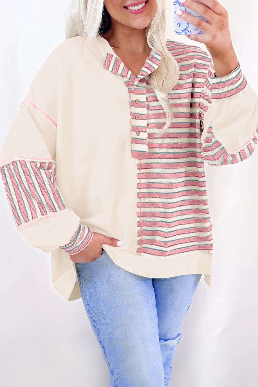 Casual V Neck Long Sleeve Top - Pink Striped Patchwork Design - Detail View 6