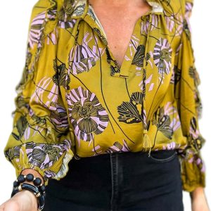 Women's Yellow Vintage Floral V Neck Blouse – Casual Long Sleeve Ruffle Trim Top for Daily Wear - Main View