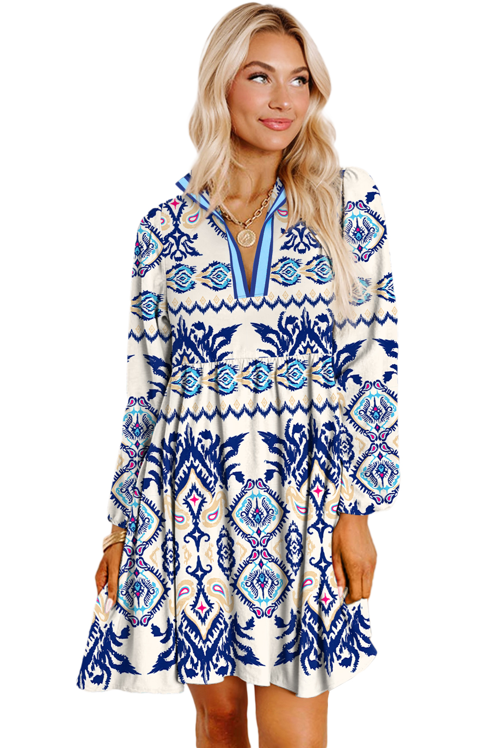 Bohemian Style Blue Abstract Pattern Mini Dress with High Waist and Long Sleeves - Detail View 10