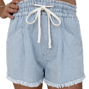 Women's Sky Blue Stripe Denim Shorts – Casual High Waist Drawstring for Summer Adventures