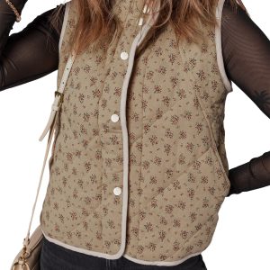 Women's Khaki Floral Print Quilted Vest – Stylish Sleeveless Layer for Daily Autumn Wear