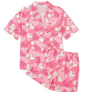 Women's Pink Heart Print Silky Short Pajama Set for Daily Comfort