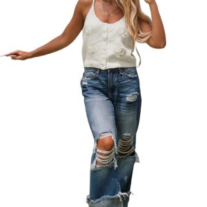 Women's White 3D Flower Spaghetti Strap Sweater Vest – Charming Floral Knit for Spring & Summer