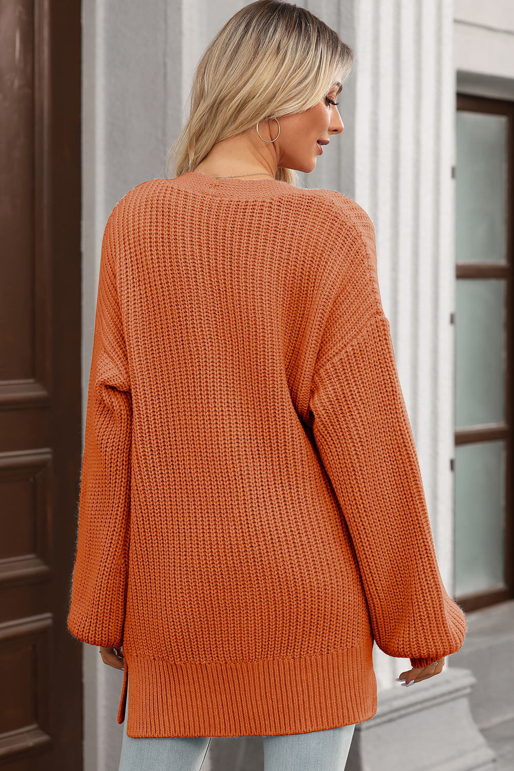 Stylish Long Sleeve Gold Flame Cardigan - Casual Solid Color Knit Sweater - Detail View 6