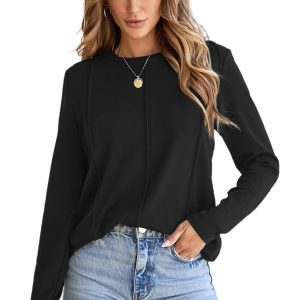 Women's Black Solid Exposed Seam Long Sleeve Crew Neck Top for Casual & Work Wear - Main View
