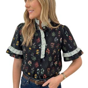 Women's Black Floral Short Sleeve Shirt with Frilled Trim – Casual Summer Style
