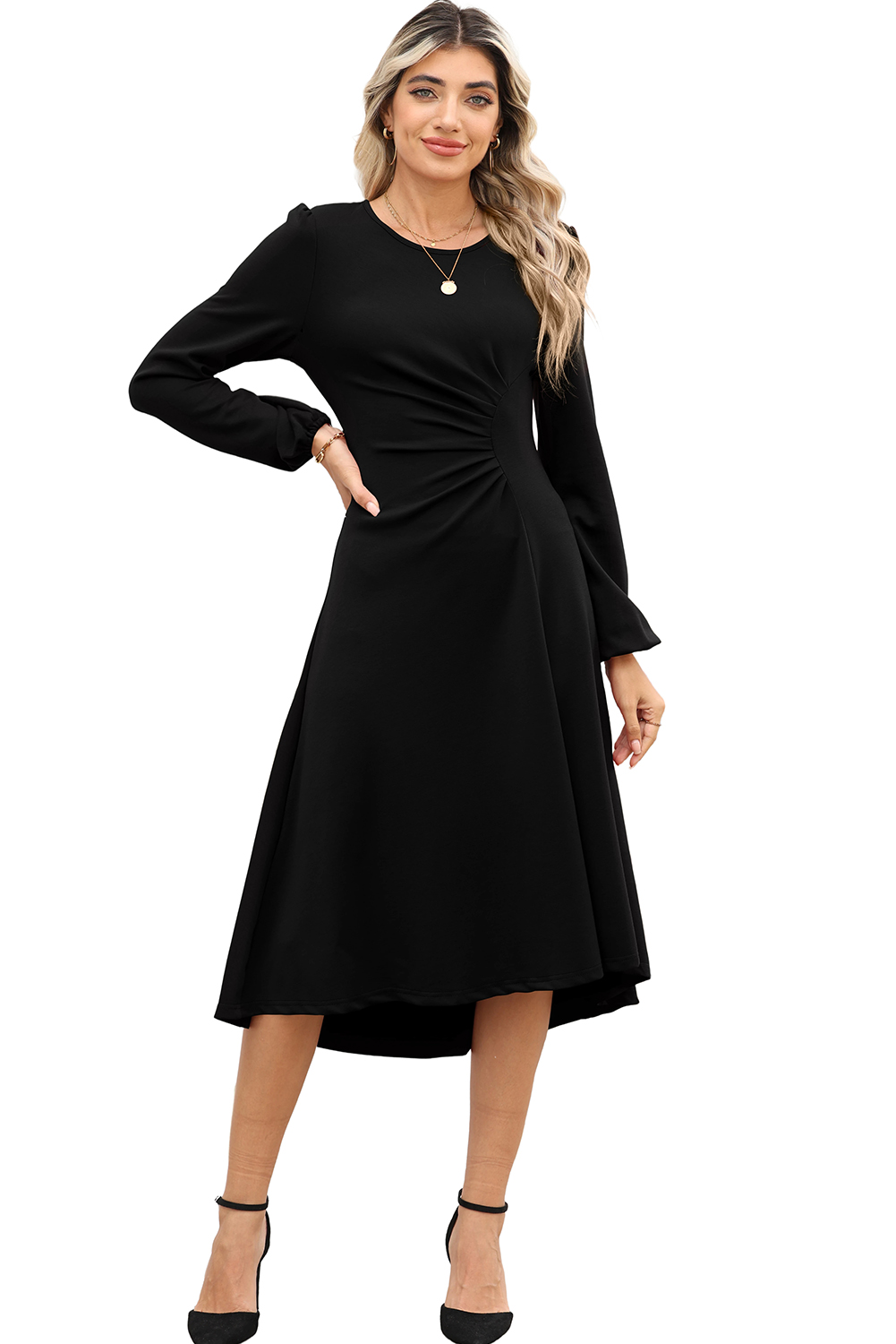 Elegant Black Solid Color Ruched Detail Long Sleeve Midi Dress - Detail View 17