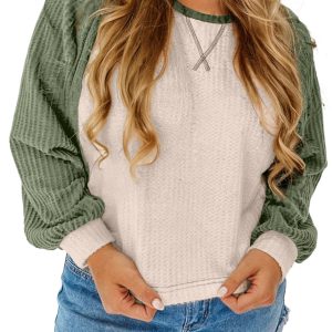 Women's Mist Green Plus Size Waffled Color Block Long Sleeve Top – Casual Autumn Essential