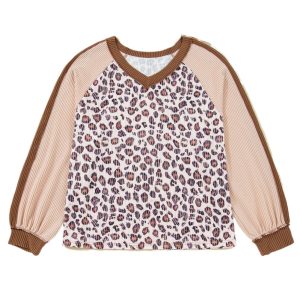 Women's Parchment Leopard Colorblock V-Neck Baggy Pullover – Casual Daily Wear for Plus Size Comfort