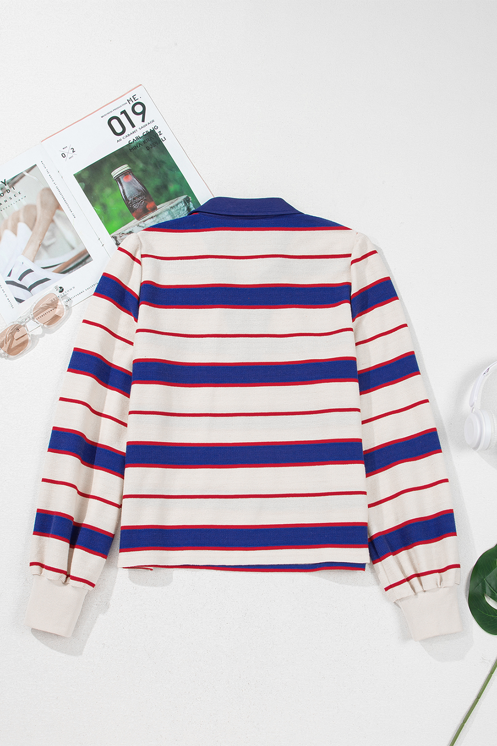 Women's Blue Stripe Color Block Polo Pullover Sweatshirt - Chic Casual Style - Detail View 5
