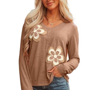 Women's Straw Yellow Floral Patchwork V-Neck Long Sleeve T-Shirt – Casual Daily Wear for Fall Days - Main View