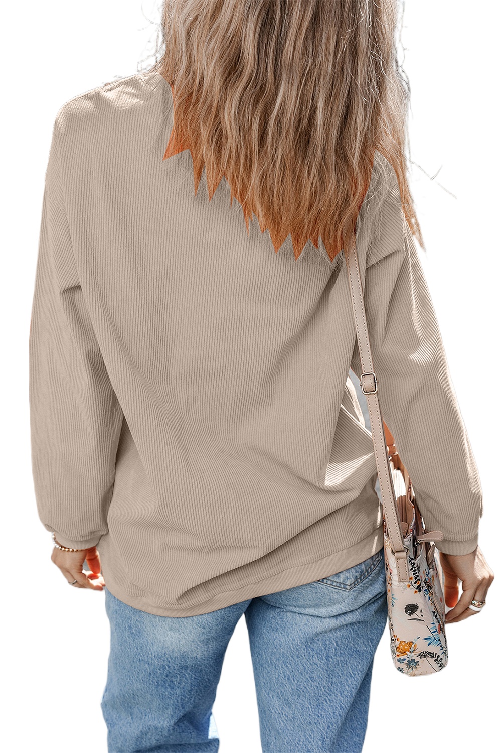 Women's Smoke Gray Western Cowgirl Graphic Corduroy Baggy Sweatshirt - Casual Long Sleeve Pullover - Main View