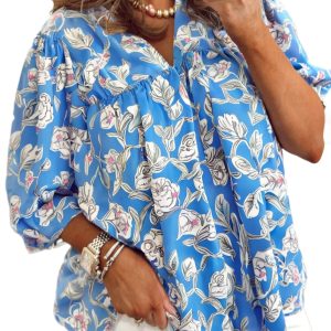 Women's Sky Blue V Neck Floral Print Blouse with 3/4 Puff Sleeves - Main View
