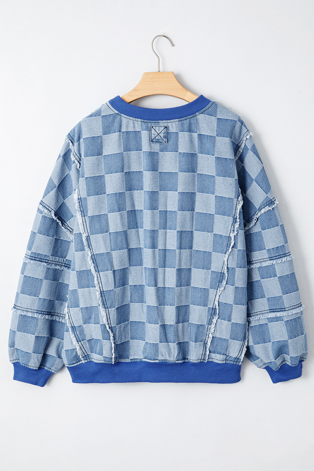 Sky Blue Oversized Denim Pullover with Checkerboard Splicing and Raw Detail - Detail View 5