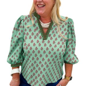 Women's Green Floral Print V Neck Blouse – Casual Bracelet Sleeve Top for Spring & Summer