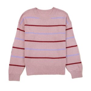Women's Pink Stripe Ribbed Drop Shoulder Sweater – Cozy Casual Style for Daily Wear - Main View