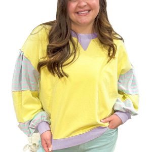Plus Size Yellow Striped Color Block Patchwork Crewneck Pullover Sweatshirt - Main View