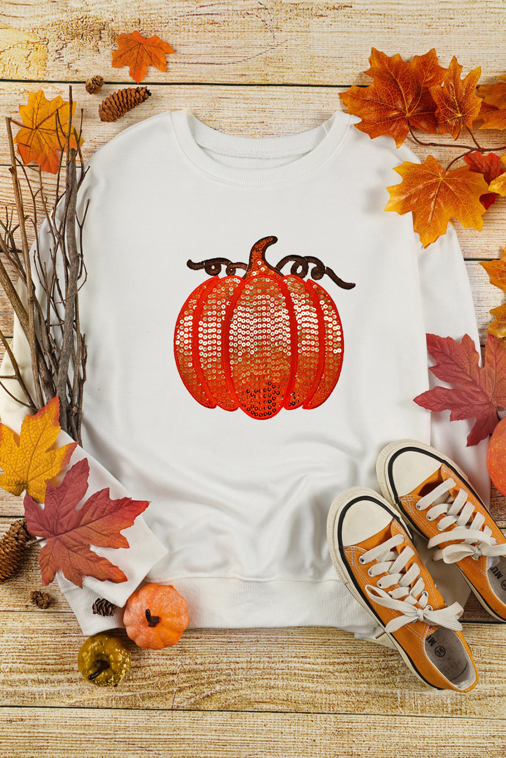 Casual Long Sleeve Sweatshirt for Women with Eye-Catching Sequin Pumpkin - Perfect Autumn Wear - Detail View 3