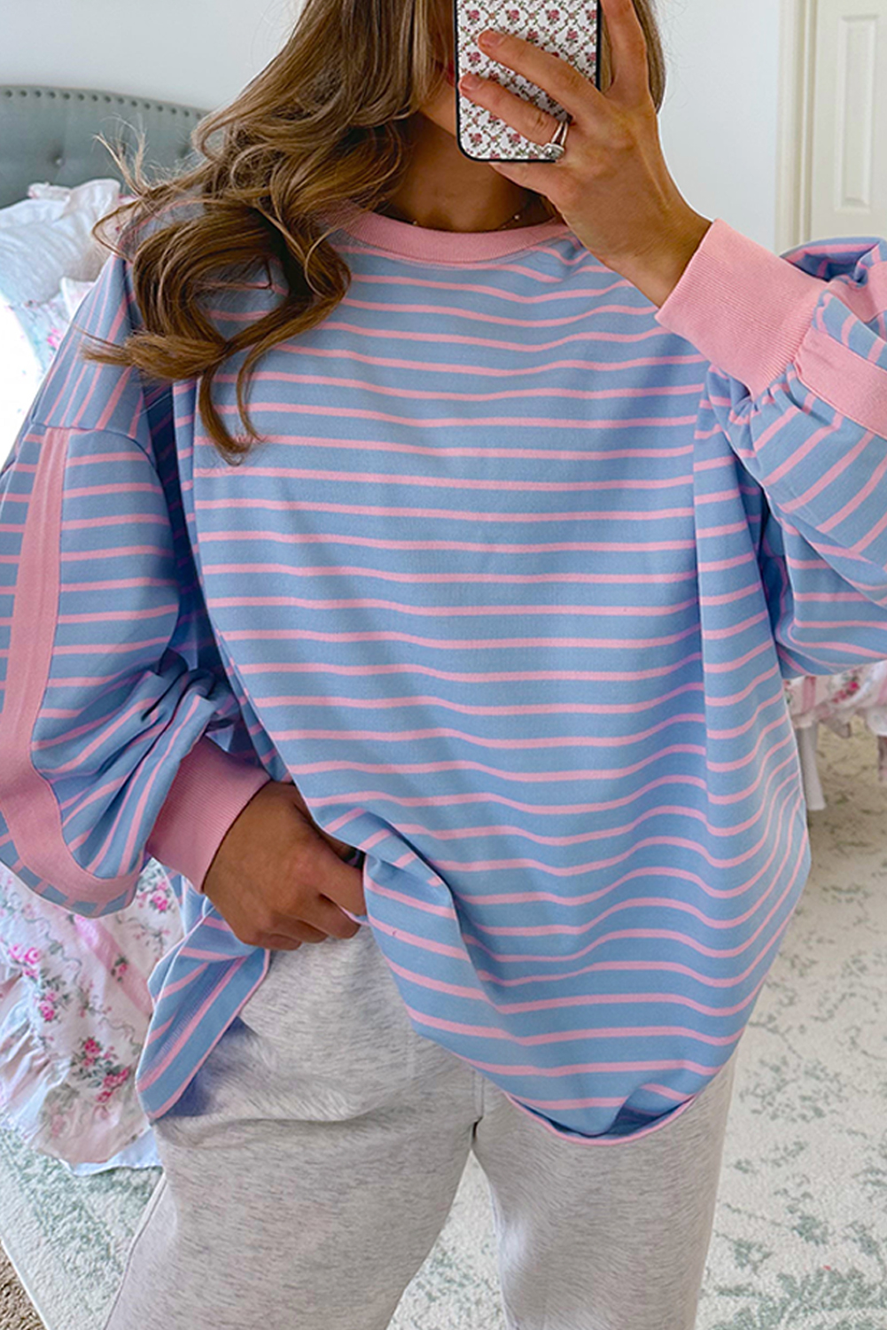 Fashionable Oversized Long Sleeve Top with Striped Pattern - Sky Blue - Detail View 2
