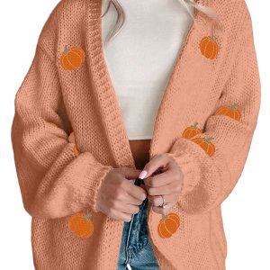 Women's Straw Yellow Pumpkin Print Midi Cardigan – Casual Fall Daily Wear