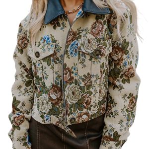Women's Khaki Floral Print Zip-Up Jacket – Casual Fall Layering for Daily Outings - Main View