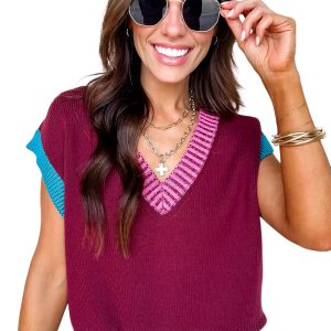 Burgundy Contrast Trim V Neck Cuffed Short Sleeve Loose Sweater for Women - Main View