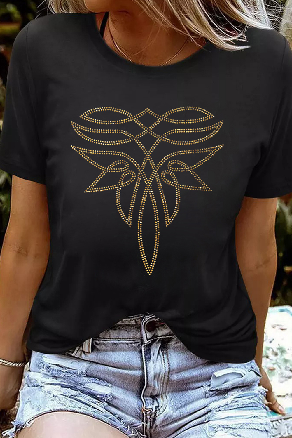 Sparkling Rhinestone Western Print Cotton Blend Tee for Effortless Cowgirl Style - Detail View 2