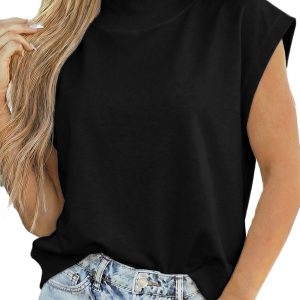 Women's Black High Neck Top – Casual Loose Fit Shift Blouse with Cap Sleeves