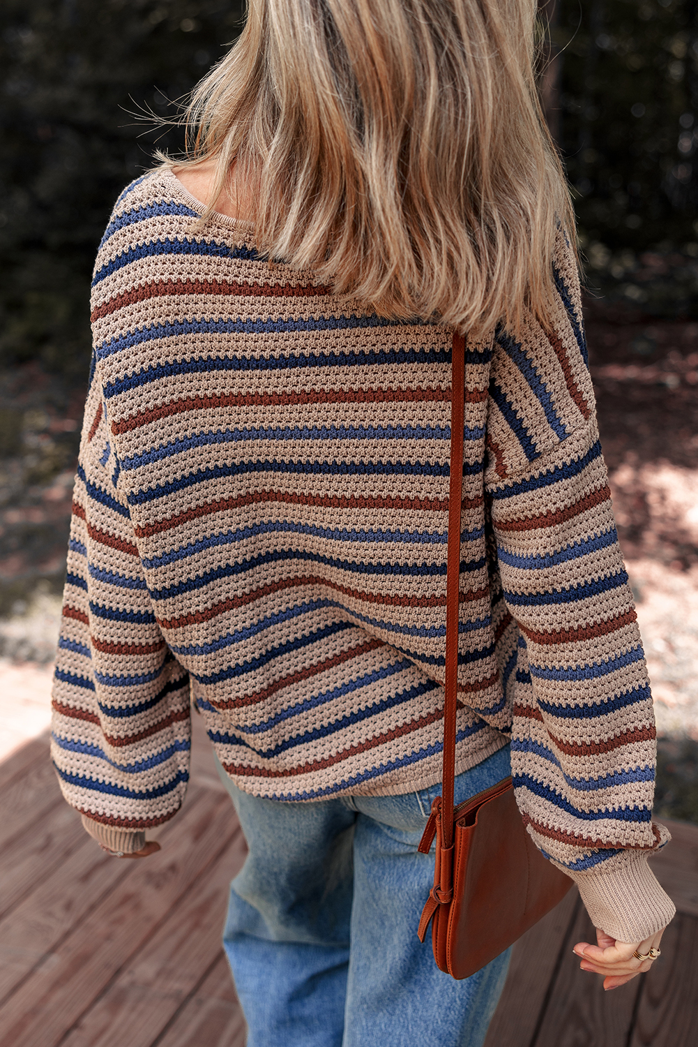 Casual Long Sleeve Striped Sweater - Relaxed Fit Drop Shoulder Design - Detail View 2