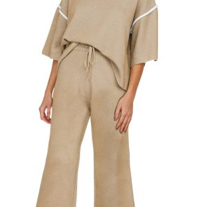 Women's Camel Contrast Trim Half Sleeve Top with Drawstring Pants - Casual 2-Piece Sweater Suit - Main View