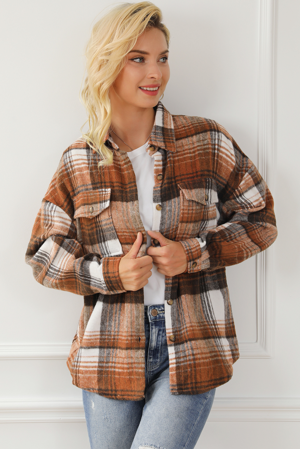 Brown Plaid Flap Pockets Shacket - Stylish Casual Layering for Fall - Detail View 9