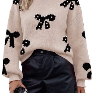 Women's Smoke Gray Pearl Embellished Bow Pattern Sweater – Cozy Casual Style for Fall & Autumn - Main View